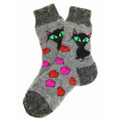 Носки детские "Кошка и сердечки" (Черно-серые с рисунком "Кошка и сердечки", размер 3)